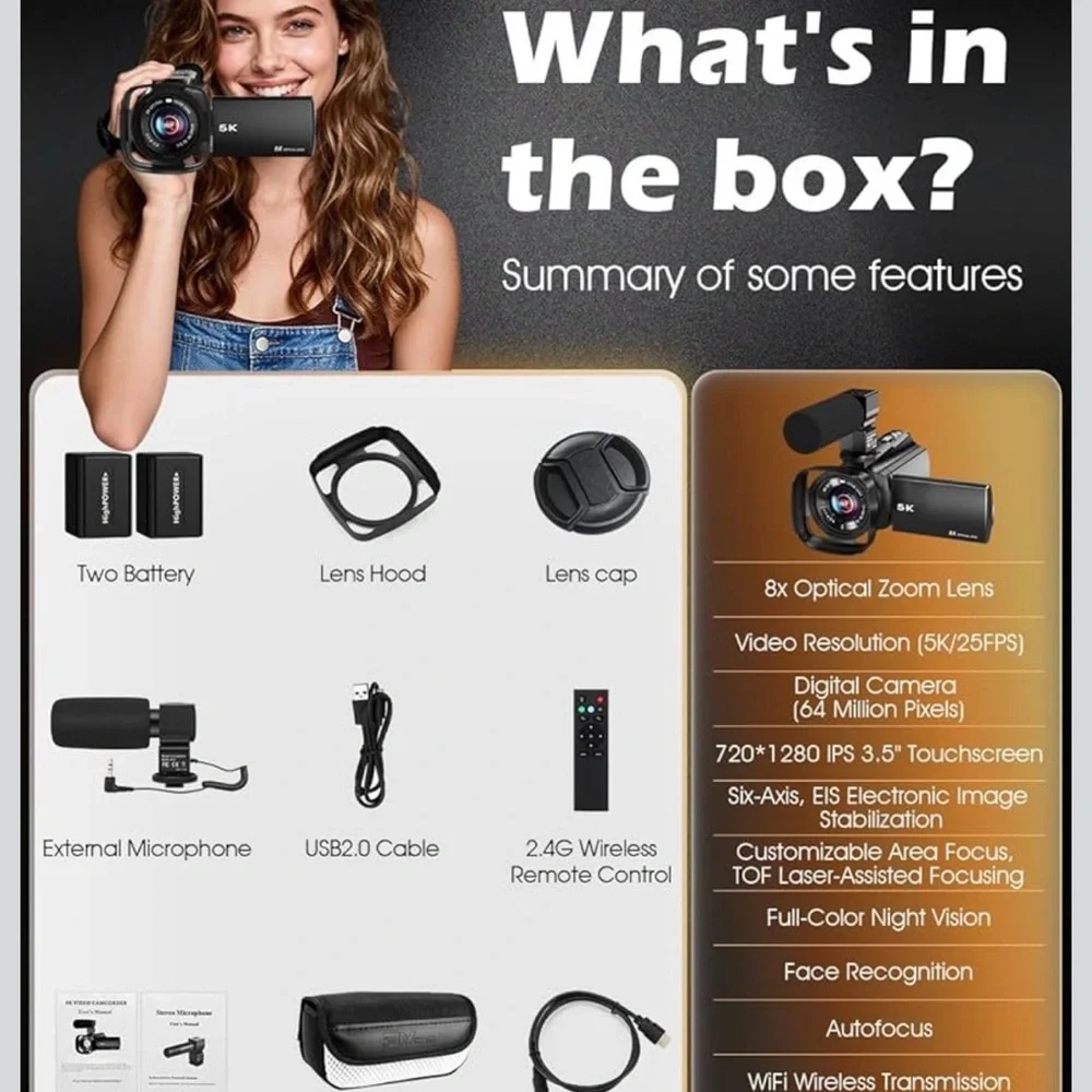 5K Black Video Camera with WiFi and 8X Optical Zoom
